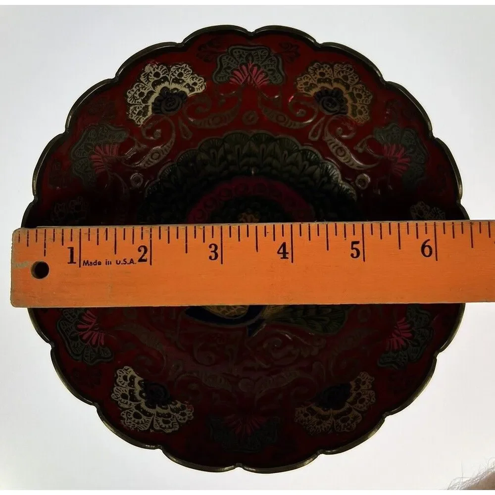 Vintage Enesco Imports Enameled Solid Brass Peacock‎ Bowl Made in India (8c7)